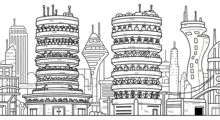 Fototapeta premium Futuristic city skyline with towering circular buildings and unique architecture.