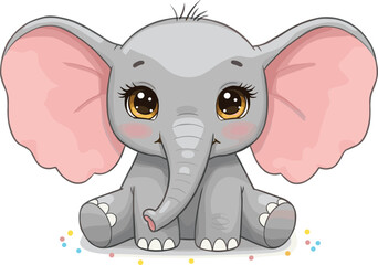 Obraz premium Cute baby elephant sitting with big pink ears, adorable cartoon animal illustration, children wildlife art, jungle nursery vector design, smiling character