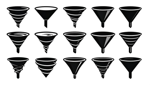 A collection of black and white funnels in various designs, including spiral and smooth shapes, for graphic resources