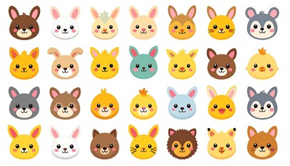 A collection of cartoon bunny and chick faces in diverse colors and styles, arranged in neat rows, creating a cheerful design