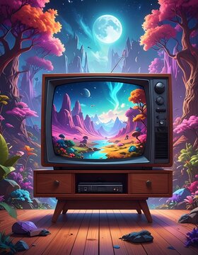 A vintage TV shows a fantastical landscape scene
