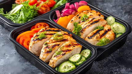 Meal prep containers filled with grilled chicken and fresh vegetables.