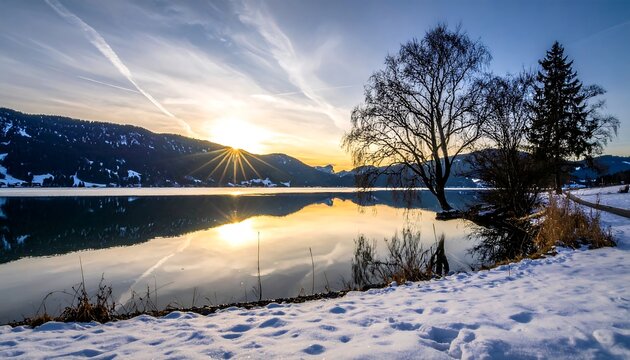 A serene, winter landscape showcases a lake reflecting the golden sunset, with snow-covered shores and silhouetted trees