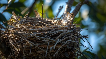 A bird's nest atop a lush green tree, with branches, dry leaves, and feathers visible, but no birds at all.