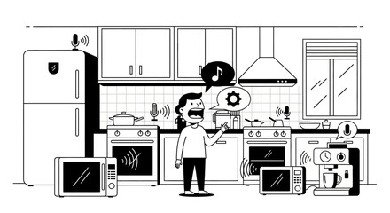 Man Controlling Smart Kitchen Appliances with Voice Commands.