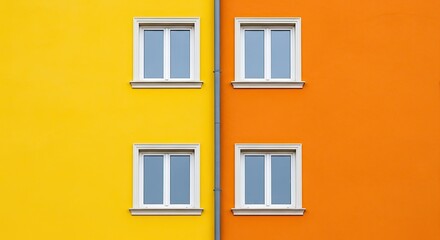 Obraz premium Vibrant building facade with contrasting yellow and orange walls and windows