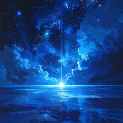 Celestial landscape with reflective floor, blue hues, starry night, and a bright beam of light piercing through the clouds