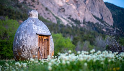 Unique Wooden Structure in Nature with Mountains and Flowers