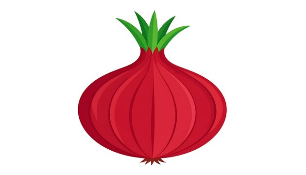 A digital illustration presents a close-up view of a fresh, red onion. The bulb is detailed, featuring vertical lines and a green top