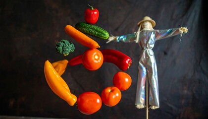 Vegetables Floating with Scarecrow in Artistic Food Display