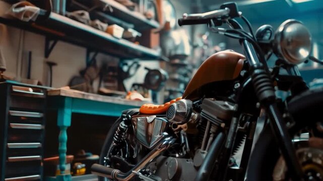 A motorcycle in a garage surrounded by tools is a great option for posts about repairing equipment, biker culture, or custom tuning workshops.
