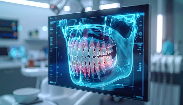 Detailed dental x-ray imaging displayed on a monitor within a bright modern dental office. The image showcases teeth and jaw bone detail in blue and red tones