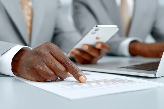 Close-up of businessmen analyzing a financial report with charts. Corporate team meeting with a laptop and smartphone. Business data analysis and strategy concept