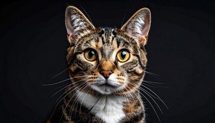 Close Up Portrait of Tabby Cat with Striking Yellow Eyes and Detailed Fur Against Dark Background with Light Speckles Around Whiskers