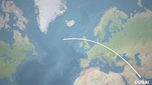 Map animation showing flight path from dubai to boston, illustrating international travel and global connectivity