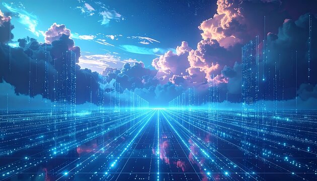 Digital landscape with luminous, flowing lines intersecting horizon beneath a dramatic cloudscape, evoking a sense of the future