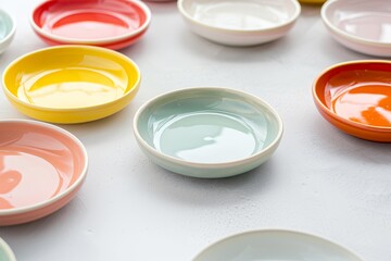 Colorful ceramic plates on a white table