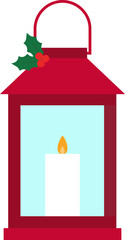 Christmas red lantern with holly and candle flat vector illustration isolated.
Transparent background.
