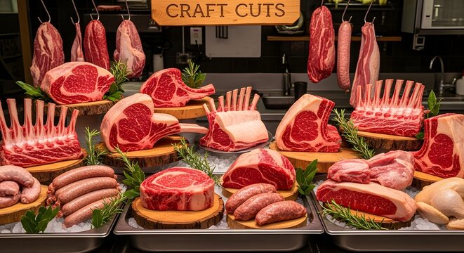 Artisan Butcher Shop Premium Meat Cuts and Craftsmanship on Display Butcher Shop Display, Premium Cuts, Craft Knowledge, Meat Artistry