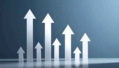 A collection of rising, white arrows on a reflective surface against a gradient blue backdrop, symbolizing growth
