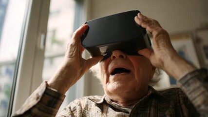 An elderly individual experiences virtual reality for the first time, showcasing the intersection of technology and aging, as they engage with immersive digital environments through a VR headset. - Powered by Adobe