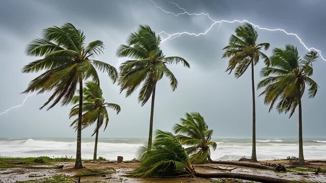 Powerful tropical storm batters palm trees in intense weather event footage