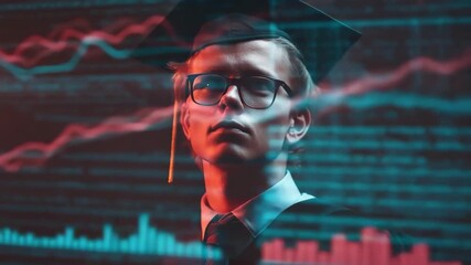 Graduate guy wearing a cap stands in front of digital graphs depicting data analysis in a modern learning environment during a graduation celebration - Powered by Adobe