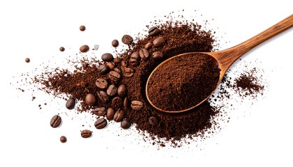 Overhead shot of coffee beans and ground coffee with a wooden spoon on a white background. The texture contrasts