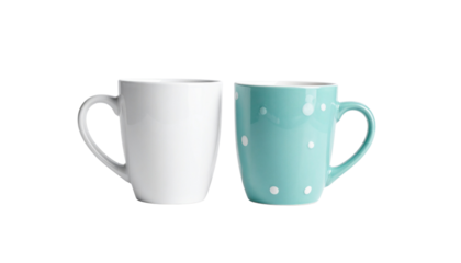 Two contrasting coffee mugs arranged in one wide 16-9 frame, clean solid white backgr 23911
