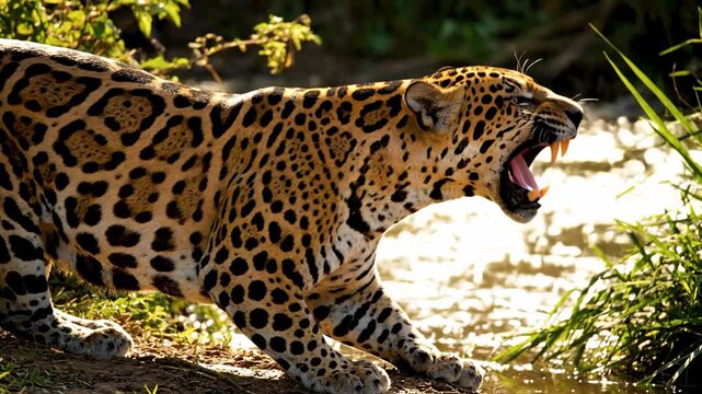 Jaguar Prowls Edge of River in the Pantanal Wetland