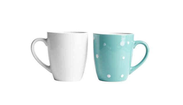 Two contrasting coffee mugs arranged in one wide 16-9 frame, clean solid white backgr 23911