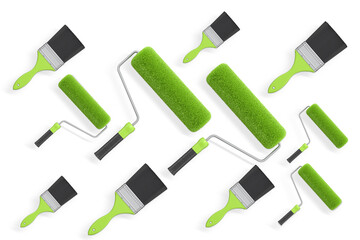 Various paint rollers and brushes laid out in diagonal pattern on white background, concept of painting tools and renovation