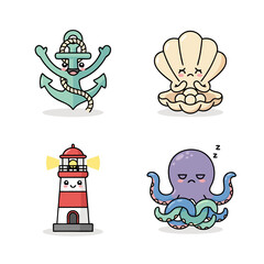 Cute Nautical Characters Anchor, Shell, Lighthouse, and Octopus in Vector Style