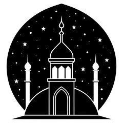 Minimal mosque minaret silhouette under starry night sky islamic architecture symbolism silhouette