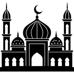Minimal silhouette islamic mosque architecture with dome minarets moon crescent symbol silhouette