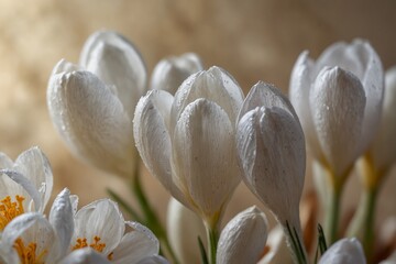 White autumn crocus petals close-up with dew on soft beige background

