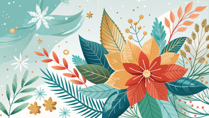 Fototapeta premium Winter floral arrangement with poinsettia and snowflakes