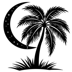 Obraz premium Silhouetted palm tree reaching towards a starry crescent moon at night silhouette