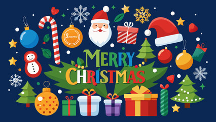 Fototapeta premium Merry christmas colorful illustration with santa claus and festive elements