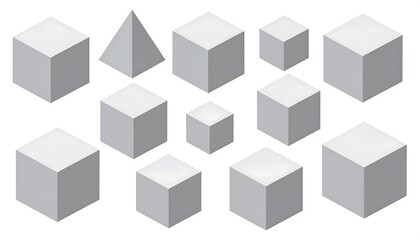 A collection of various-sized grey cubes and one pyramid, arranged against a white background