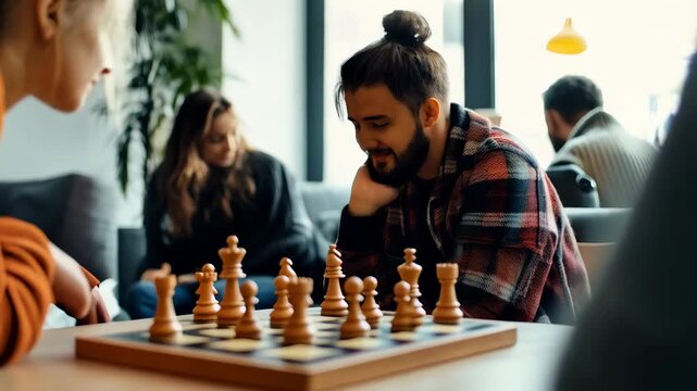 Group of young adults enjoying a friendly chess match, showcasing strategy, competition, and intellectual stimulation in a contemporary chess club setting