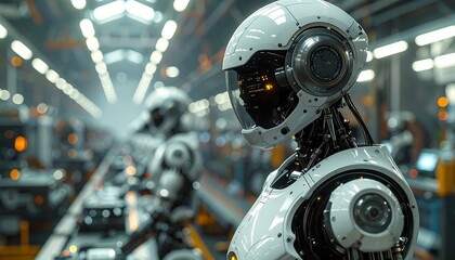 Fototapeta premium Futuristic factory scene featuring robotic figures on an assembly line. The bots have white, streamlined bodies and heads with intricate details