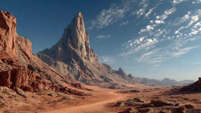 Spectacular rocky desert landscape with towering peaks against a blue sky