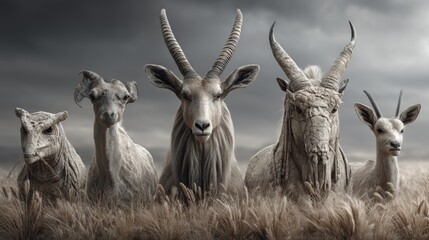 Mystical herd of horned creatures standing in a field under stormy skies