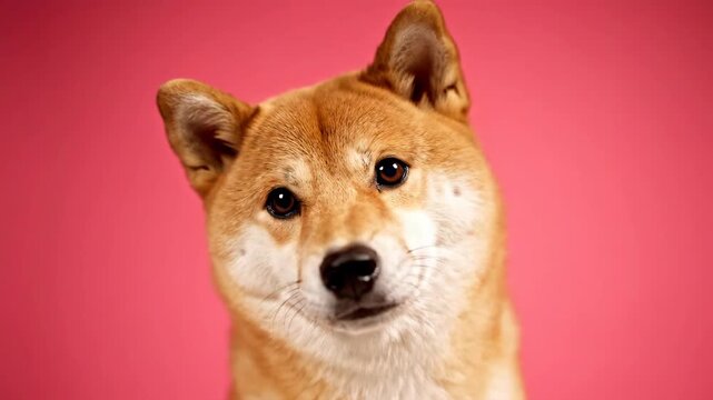 Curious Shiba Inu Tilts Head Against Pink Background