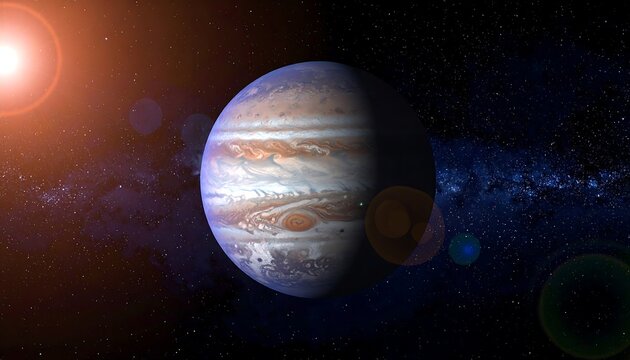 An artistic depiction of the gas giant, showing swirling cloud bands, prominent Great Red Spot, and a brilliant sun flare - Powered by Adobe