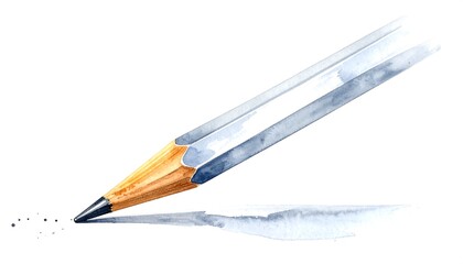 An artistic watercolor illustration depicting a sharpened pencil, its tip sketching fine lines. The pencil casts a shadow