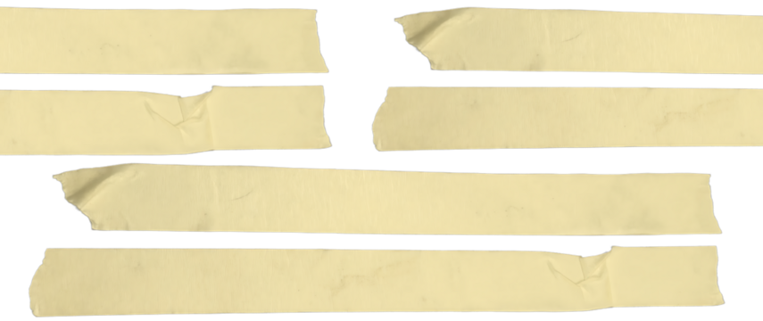 Six Ripped Strips of Light Yellow Paper Adhesive Tape Isolated on Transparent Background