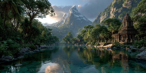 mysterious temple hidden in the tropical rainforest river landscape, sacred tree of life deep in the jungle, phantastic tropical paradise with ancient temple and river