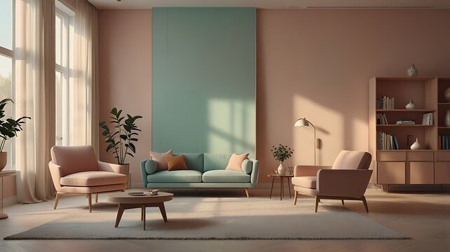 a living room with a couch, chair, bookshel, and a plant in the corner of the room is painted pink and has a light green accent on the walls and a pink wall beh